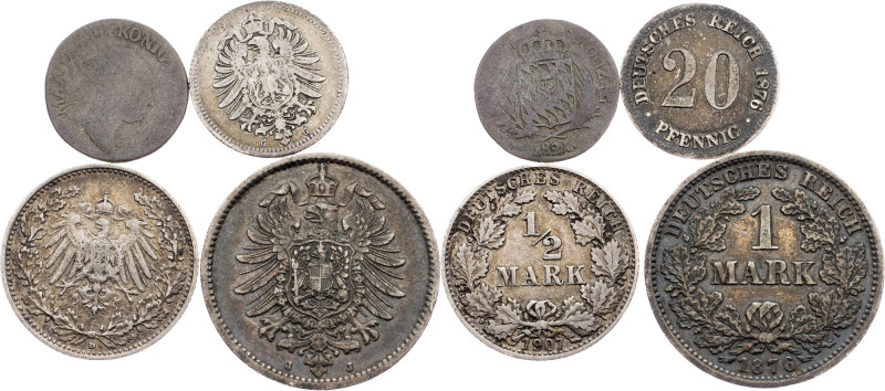 Germany, 1 Kreuzer, 20 Pfennig, 1/2 Mark, 1 Mark 1821, 1876, 1907, 1876 Germany,...