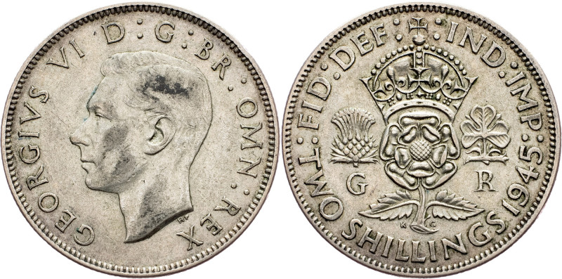 Great Britain, 2 Shillings 1945 Great Britain, 2 Shillings 1945, Ag, KM# 855; aE...