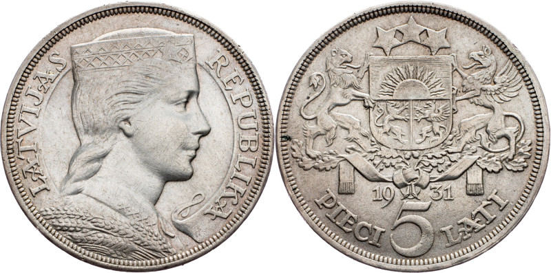 Latvia, 5 Lati 1931 Latvia, 5 Lati 1931, Ag, KM# 9|Edge nick; EF

Grade: EF