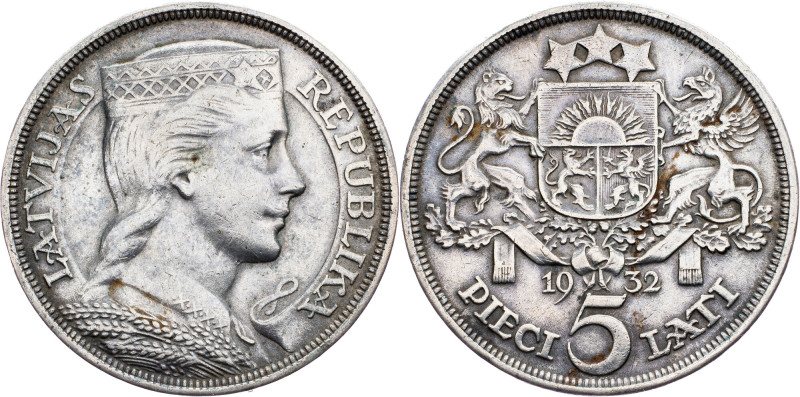 Latvia, 5 Lati 1932 Latvia, 5 Lati 1932, Ag, KM# 9|Mintage only 600000pcs, toned...