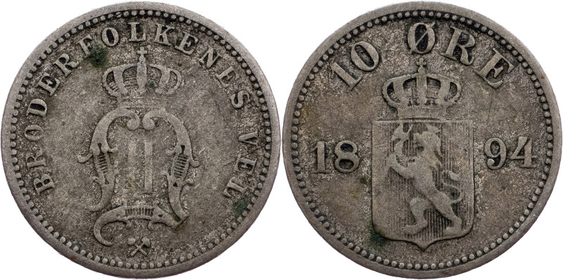 Norway, 10 Ore 1894 Norway, 10 Ore 1894, Ag, KM# 350; aVF

Grade: aVF