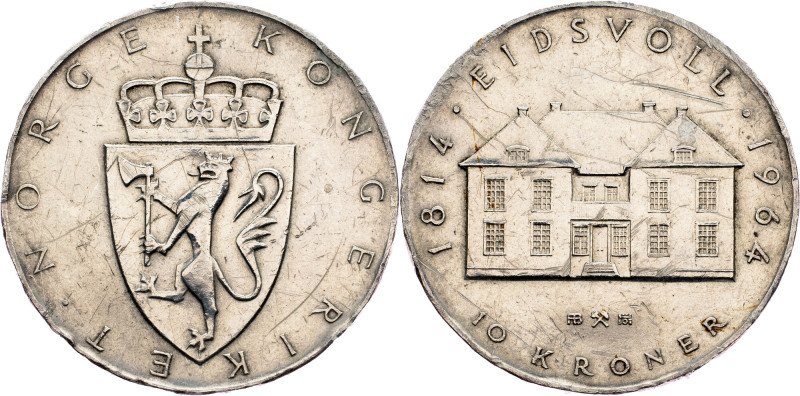 Norway, 10 Kroner 1964 Norway, 10 Kroner 1964, Ag, KM# 413|damaged, scratchies, ...