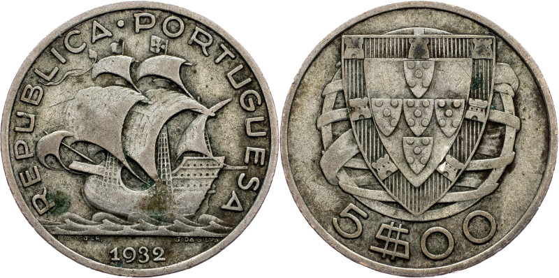 Portugal, 5 Escudos 1932 Portugal, 5 Escudos 1932, Ag, KM# 581|toned; VF+

Gra...