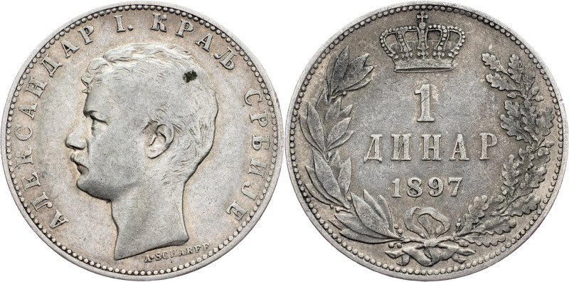 Serbia, 1 Dinar 1897 Serbia, 1 Dinar 1897, Ag, KM# 21; VF+

Grade: VF+