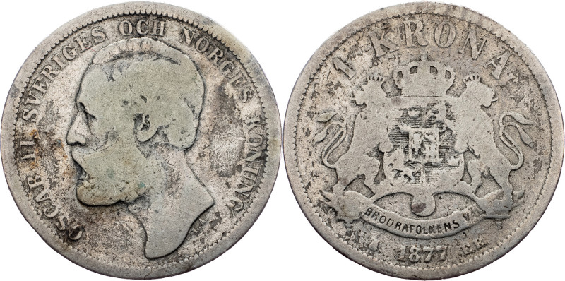 Sweden, 1 Krona 1877 Sweden, 1 Krona 1877, Ag, KM# 747|toned; F

Grade: F