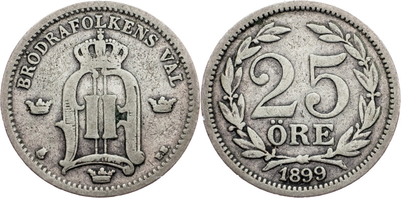 Sweden, 25 Ore 1899 Sweden, 25 Ore 1899, Ag, KM# 739; VF

Grade: VF