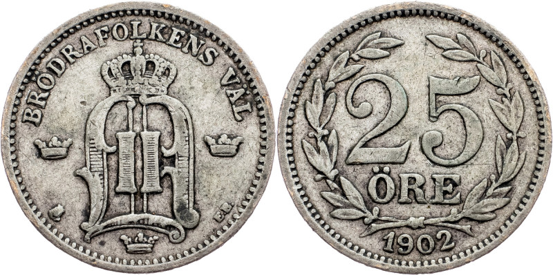 Sweden, 25 Ore 1902 Sweden, 25 Ore 1902, Ag, KM# 739; VF

Grade: VF