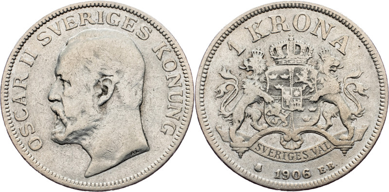 Sweden, 1 Krona 1906 Sweden, 1 Krona 1906, Ag, KM# 772|toned; VF

Grade: VF