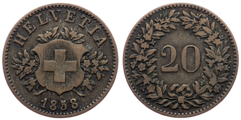 Switzerland, 20 Rappen 1858, Bern Switzerland, 20 Rappen 1858, Bern, KM# 7; VF
...