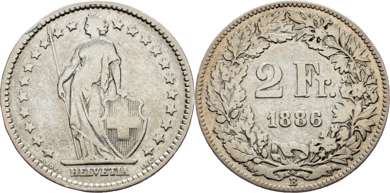 Switzerland, 2 Francs 1886, Bern Switzerland, 2 Francs 1886, Bern, Ag, KM# 21|cl...