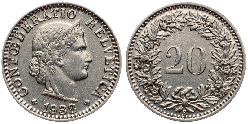 Switzerland, 20 Rappen 1938, Bern Switzerland, 20 Rappen 1938, Bern, KM# 29; VF+...