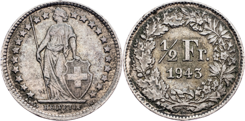 Switzerland, 1/2 Franc 1943 Switzerland, 1/2 Franc 1943, Ag, KM# 23; VF

Grade...
