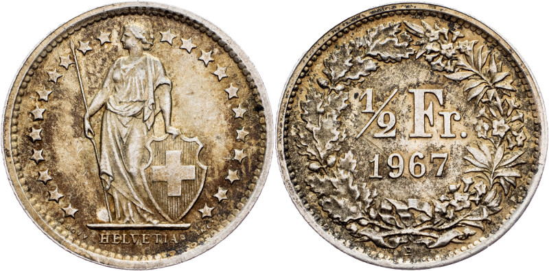 Switzerland, 1/2 Franc 1967 Switzerland, 1/2 Franc 1967, Ag, KM# 23; EF+

Grad...