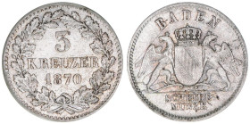 Friedrich I. 1856-1907
Baden. 3 Kreuzer, 1870. 1,19g
AKS 130
ss