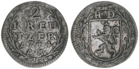 Ludwig VIII. 1739-1768
Hessen Darmstadt. 2 Kreuzer, 1744. 0,92g
Schön 53
ss+