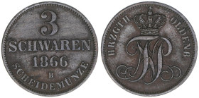 Nikolaus Friedrich Peter 1853-1900
Großherzogtum Oldenburg. 3 Schwaren, 1866 B. 3,83g
AKS 32
ss+