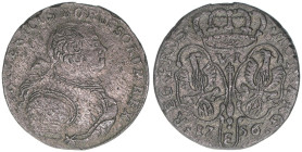 Friedrich II. 1740-1758
Preussen. 6 Gröscher, 1756 E. Königsberg
2,66g
Schön 25
Rf.
ss