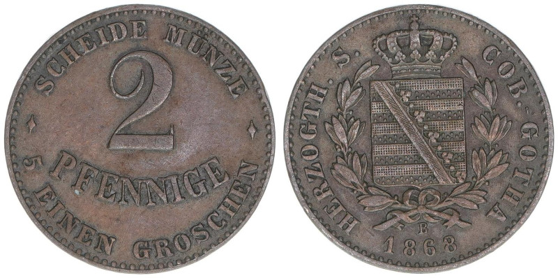 Ernst II. 1844-1893
Sachsen Coburg Gotha. 2 Pfennige, 1868 B. 3,00g
AKS 113
ss/v...