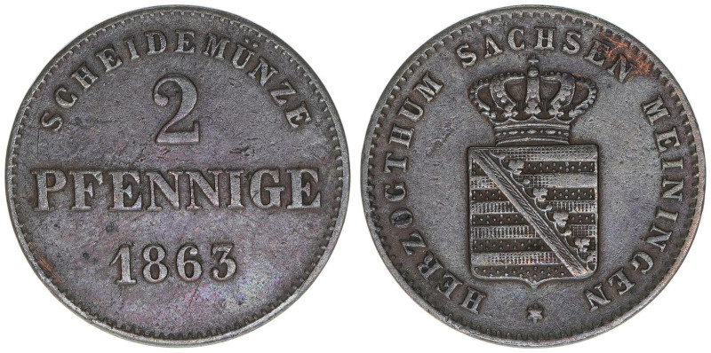 Bernhard II. Erich Freund 1803-1866
Sachsen Meiningen. 2 Pfennige, 1863. 2,48g
A...