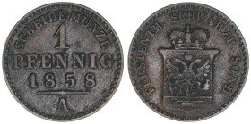 1 Pfennig, 1858 A
Schwarzenburg Sondershausen. 1,47g. AKS 42
ss+