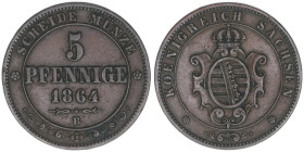 Johann 1854-1873
Sachsen. 5 Pfennige, 1864 B. 7,36g
AKS 151
ss+