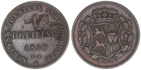 unter Statthalterschaft 1848-1851
Schleswig Holstein. 1 Dreiling, 1850 A. 4,89g
AKS 14
ss-
