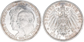 Friedrich II. 1904-1918
Anhalt. 3 Mark, 1914 A. zur Silbernen Hochzeit
16,65g
J.24
vz/stfr