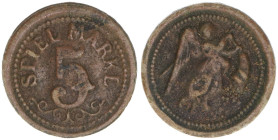 Rechenpfennige und Spielgeld
Reichsstadt Nürnberg. Spielmarke Zahl 5, ohne Jahr. sehr selten
0,38g
ss