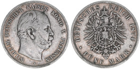 Wilhelm I. 1861-1888
Preussen. 5 Mark, 1874 A. 27,47g
J.97
s/ss