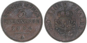 Wilhelm I. 1861-1888
Preussen. 3 Pfennige, 1864 A. 4,49g
AKS 106
ss/vz