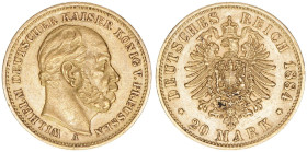 Wilhelm I. 1861-1888
Preussen. 20 Mark, 1884 A. 7,95g
AKS 110
vz-