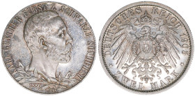 Friedrich Günther
Schwarzburg-Sondershausen. 2 Mark, 1905 A. anlässlich des 25-jährigen Regierungsjubiläums - PP-Auflage 5000 Stück
11,12g
J169a
offen...