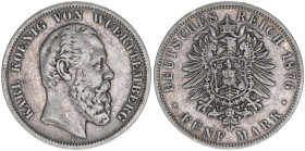 Karl 1864-1891
Württemberg. 5 Mark, 1876 F. 27,45g
J.173
ss