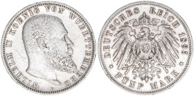 Wilhelm II. 1891-1918
Württemberg. 5 Mark, 1895 F. 27,60g
J.176
ss