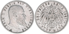 Wilhelm II. 1888-1918
Württemberg. 5 Mark, 1907 F. 27,56g
J.176
ss