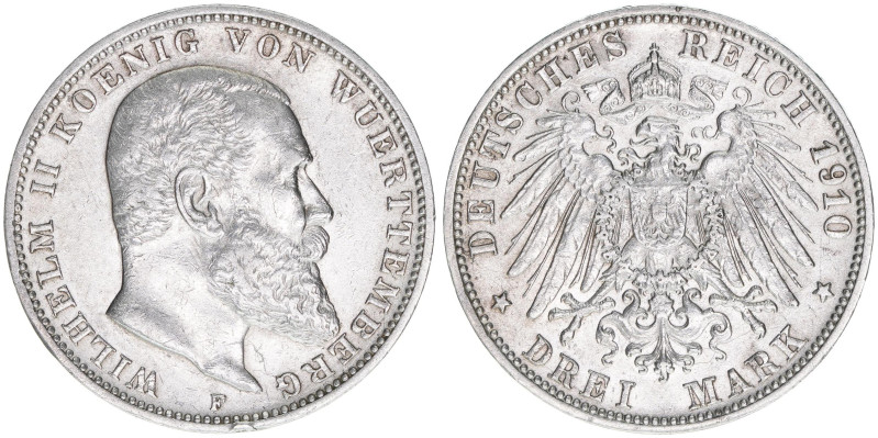 Wilhelm II. 1891-1918
Württemberg. 3 Mark, 1910 F. 16,57g
J.175
ss/vz