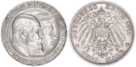Wilhelm II. 1891-1918
Württemberg. 3 Mark, 1911 F. zur Silbernen Hochzeit
16,66g
J.177a
ss/vz
