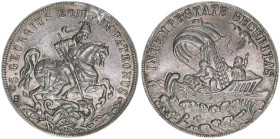 Hl. Georg
Silbermedaille, 19.Jhdt.?. St. Georg zu Pferde ersticht Drachen rechts im Hintergrund kniende Königin - Jünger im sturmumwogten Schiff mit d...