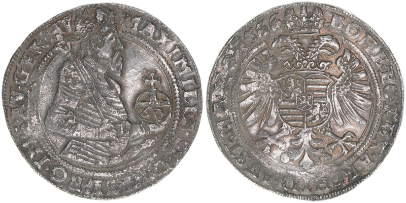 Maximilian II. 1564-1576
Guldentaler zu 60 Kreuzer, 1566. Kuttenberg
24,33g
ss+