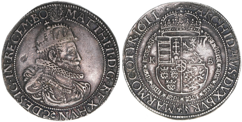 Matthias 1612-1619
1/2 Taler, 1611 KB. selten
Kremnitz
13,96g
MzA. S. 97
Schrött...