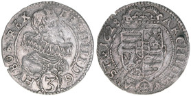 Ferdinand III. als Erzherzog 1627-1637
3 Kreuzer, 1628 PH. Glatz
1,61g
Herinek 52 var.
ss/vz