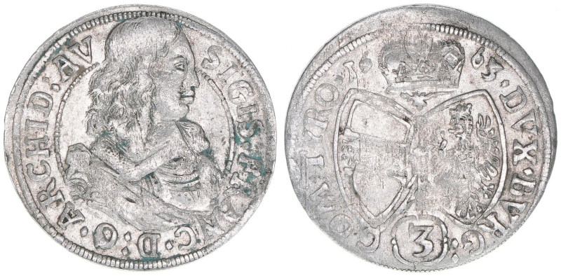 Erzherzog Sigismund Franz 1663-1665
3 Kreuzer, 1663. Hall
1,63g
MZ 534
ss/vz