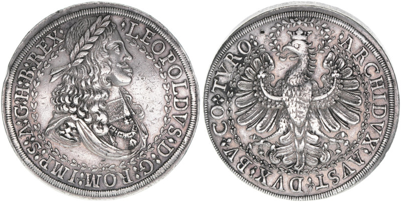 Leopold I. 1657-1705
Doppeltaler, ohne Jahr. Jugendbildnis mit Löwenkopfschulter...