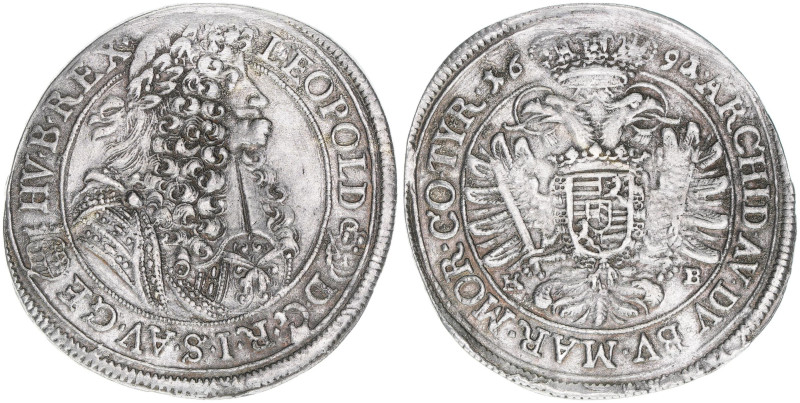 Leopold I. 1657-1705
1/2 Taler, 1691 KB. Kremnitz
14,49g
HSp.
ss