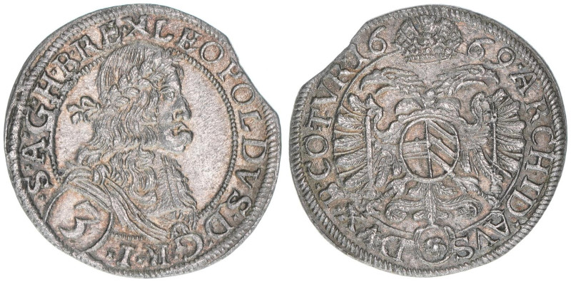 Leopold I. 1665-1704
3 Kreuzer, 1669. Wien
1,67g
Herinek 1316
Zainende
ss/vz