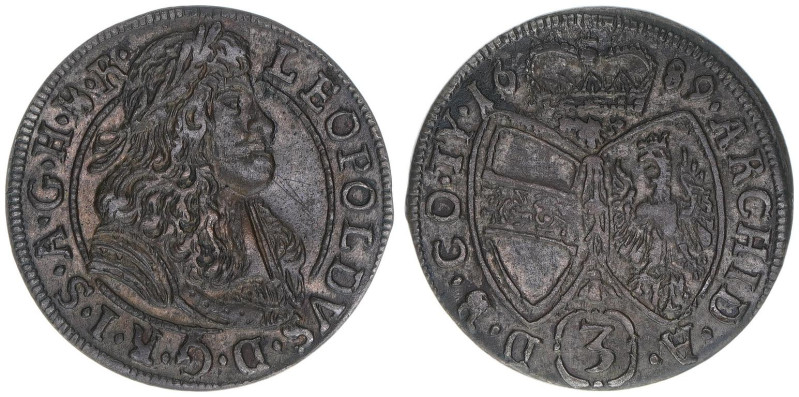 Leopold I. 1657-1705
3 Kreuzer, 1689. Hall
1,56g
Herinek 1433
ss+