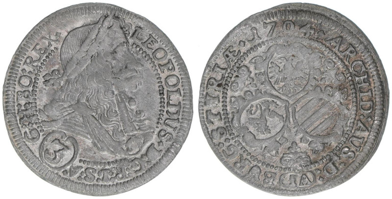 Leopold I. 1657-1705
3 Kreuzer, 1704 IA. Graz
1,52g
Herinek 1368
ss/vz