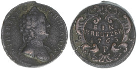 Maria Theresia 1740-1780
1 Kreuzer, 1763 P. Prag
11,26g
Herinek 1609
Rf.
ss+