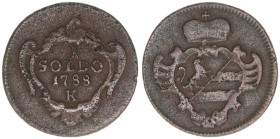 Joseph II. 1780-1790
1 Soldo, 1788 K. Görz
2,73g
ANK 58
ss