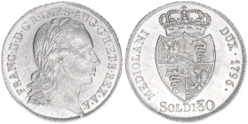 Franz (II.) I.1792-1835
30 Soldi, 1796. Mailand
7,33g
Herinek 616
vz